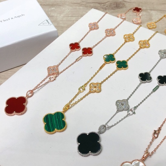 VCA Top S925 Sterling Silver Full Crystal Four Leaf Clover Green And Red Flowers Long Necklace For Women Jewelry With Box