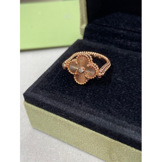  VCA Top S925 Sterling Silver Double Layers Four Leaf Clover Flower Ring  With Box