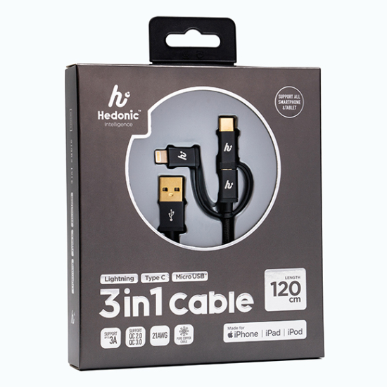 Hedonic 120cm 3 In 1 Lighting Type C And Micro Usb Cable