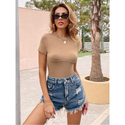 Women Summer Casual Simple Brown Short Sleeve Bodycon T-Shirt Lady Basic O-Neck Tops Fashion Solid Skinny Tees