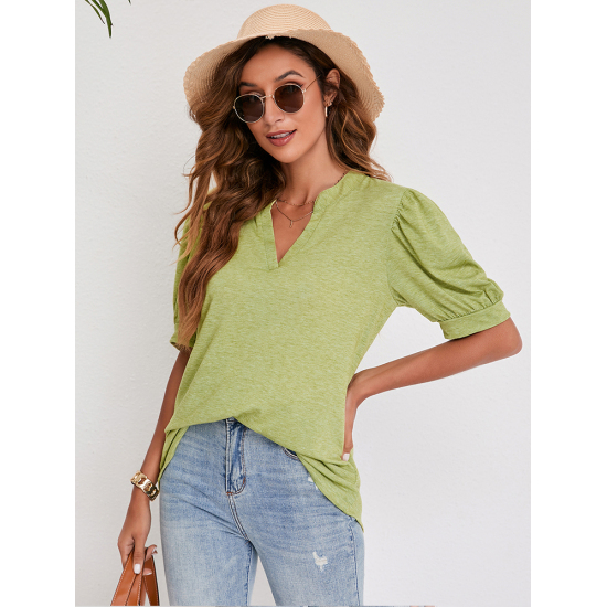 Women Summer Fashion Casual Solid T-Shirt With Puff Sleeve Basic V-Neck Tops Loose Tees