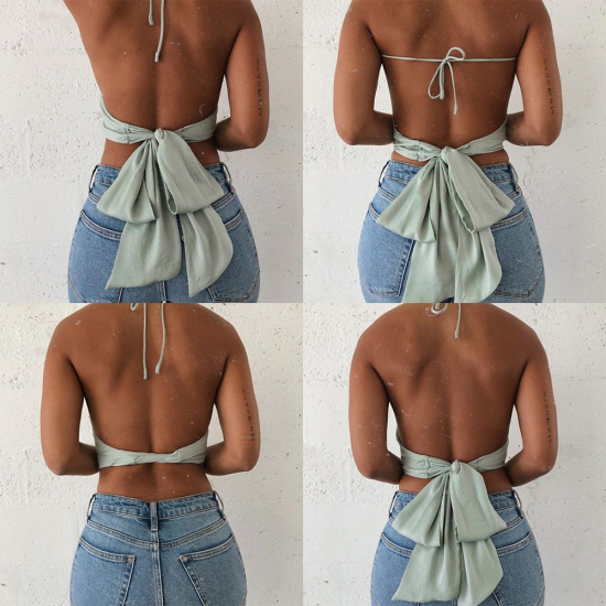 Women Fashion Satin Backless Crop Tanks Tops Sleeveless Halter Bandage Bow Tie Up Camis Sexy Cute Solid Color Corset Streetwear