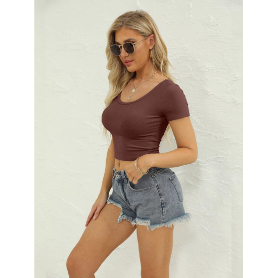 Ribbed Knitted Series Women Summer Ribbed Knitted Elastic Crop T-Shirt Casual Fashion Skinny Bare Midriff Tees V-Neck O-Neck