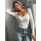 Women Fashion Ribbed Knitted Elastic Long Sleeve T-shirt Skinny White Tops Solid Basic Casual Square Collar Slim Stretch Tees