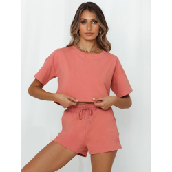 Women Summer Athleisure Crop T-Shirt Two Piece Suit With Shorts Casual Fashion Loose Athflow Style Bare Midriff Set