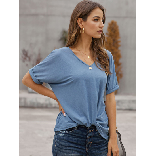 Women Summer Fashion Casual Solid Patchwork T-Shirt Basic V-Neck Tops Loose Short Sleeve Tees
