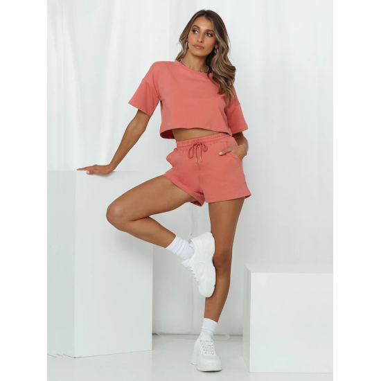 Women Summer Athleisure Crop T-Shirt Two Piece Suit With Shorts Casual Fashion Loose Athflow Style Bare Midriff Set