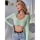 Women Casual Long Sleeve Bare Midriff Crop T-shirt Fashion Green Ruched Drawstring Tops Stretch Folds Tees With Bandage