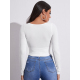 Women Casual Solid Long Sleeve Crop T-shirt Fashion V-Collar Bare Midriff Stretch Tops Ribbed Knitted Elastic Slim Skinny Tees