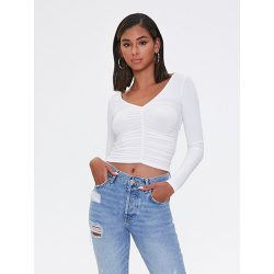 Women Fashion Long Sleeve Folds T-shirts Casual V-Neck Backless Crop Tops Solid Skinny Bare Midriff Tees