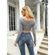 Women Casual Long Sleeve Bare Midriff Crop Fashion Solid Ribbed Knitted Elastic Zipper Cardigan Stretch Slim Skinny Tees Tops