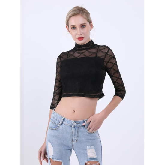 Women Black Transparent Hollow Out Gauze Lace Tops With Three Quarter Sleeve Stand Collar Crop T-shirt Mesh Bare Midriff Tees