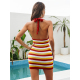 Summer Women Beach Style Casual Knitted Dress Backless Deep V-neck Halter Dress Vacation  Vestido Streetwear