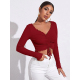 Autumn Casual Solid Crop Full Sleeve T-Shirt For Women Skinny V-Neck Shirring Tops Lace Up Knitting Pullover Tees