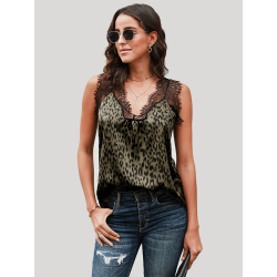 Summer Casual Printing Lace Trim Sleeveless V-Neck Tank Tops For Women Temperament  Blouse Romantic Neckline Exquisite Pullover