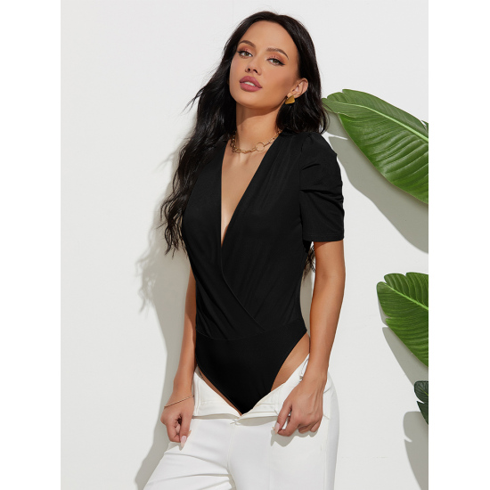 Women Summer Casual Solid Basic Black Blue Skinny Bodysuit  Lady Fashion V-neck Short Sleeve Rompers Jumpsuits Bodycon Tops Tees