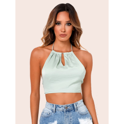 Women Fashion Satin Backless Crop Tanks Tops Sleeveless Halter Bandage Bow Tie Up Camis Sexy Cute Solid Color Corset Streetwear