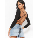 Women Casual Long Sleeve Backless Crop T-shirt Fashion Solid Stretch Bare Midriff Tops Slim Skinny Tees With Bandage