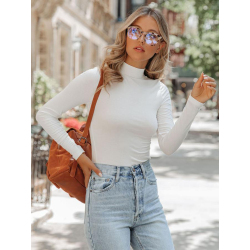 Solid Basic Women Long Sleeve T-shirt Casual White Fashion Warm Tops Stand Collar Soft Slim Tees