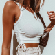 Women Sexy Solid Tank Tops Ribbed Knitted Elastic Crop Top Off Shoulder Stretch Vest Ruched Drawstring Adjustable Length Tee