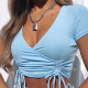 Fashion Women Solid V-Neck Sexy Crop Top Drawstring Adjustable Length Ribbed Knitted Elastic Casual Wild Short Sleeve Streetwear