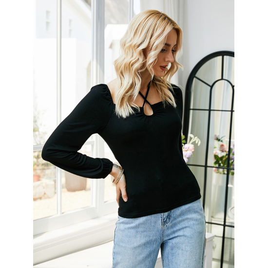 Women Fashion Backless Halter Long Sleeve T-shirt Casual Solid Loose Tops Black Tees