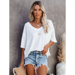 Women Summer Casual Solid Short Sleeve T-Shirt Basic V-Neck Batwing Sleeve Tops Fashion Loose Breathable Knitted Pullover Tees