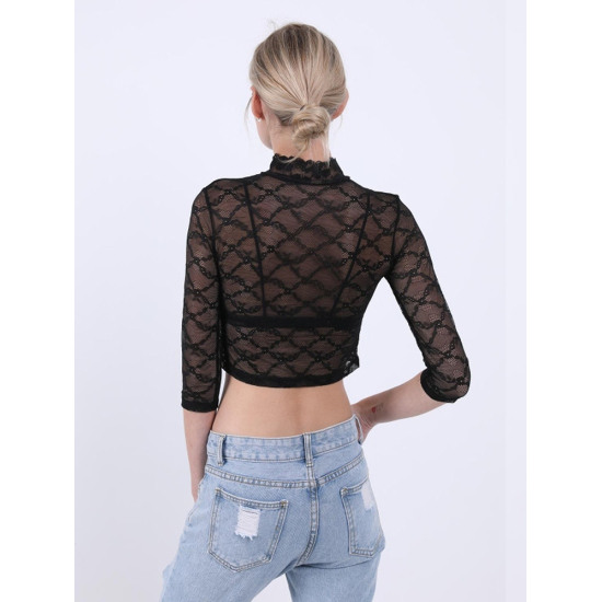 Women Black Transparent Hollow Out Gauze Lace Tops With Three Quarter Sleeve Stand Collar Crop T-shirt Mesh Bare Midriff Tees