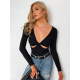 Women Fashion Hollow Out Ribbed Knitted Elastic Long Sleeve T-shirt Casual Solid Stretch V-Collar Tops Slim Skinny Tees