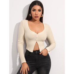 Women Casual Long Sleeve T-shirt With Button Fashion Solid Ribbed Knitted Elastic Cardigan Stretch Slim Skinny Tees Tops