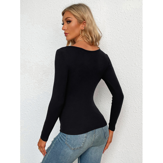 Women Fashion Hollow Out Ribbed Knitted Elastic Long Sleeve T-shirt Casual Solid Stretch V-Collar Tops Slim Skinny Tees