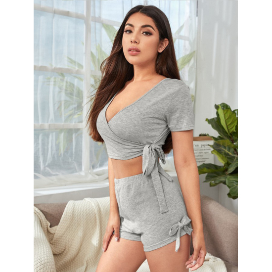 Women Summer Athleisure Homewear Crop T-Shirt Two Piece Suit With Shorts Casual Fashion Loose Athflow Bare Midriff Tees Set