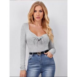 Women Fashion Stretch Long Sleeve T-shirt With Bow Casual Ribbed Knitted Elastic Tops Solid Basic Square Collar Slim Skinny Tees