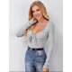 Women Fashion Stretch Long Sleeve T-shirt With Bow Casual Ribbed Knitted Elastic Tops Solid Basic Square Collar Slim Skinny Tees