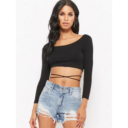 Women Casual Long Sleeve Backless Crop T-shirt Fashion Solid Stretch Bare Midriff Tops Slim Skinny Tees With Bandage