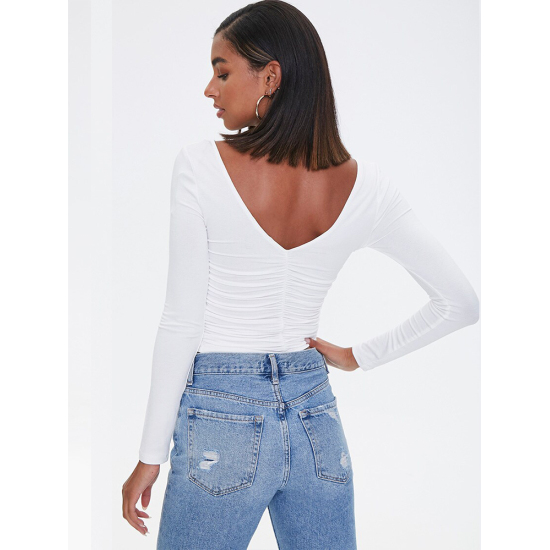 Women Fashion Long Sleeve Folds T-shirts Casual V-Neck Backless Crop Tops Solid Skinny Bare Midriff Tees