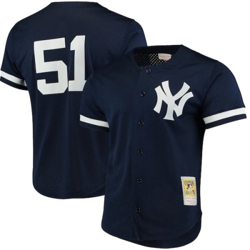 Bernie Williams New York Yankees Mitchell & Ness Cooperstown Collection Mesh Batting Practice Button-Up Jersey - Navy
