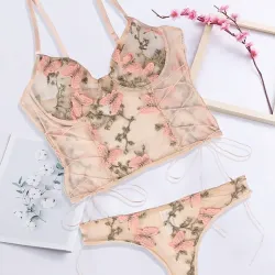 Embroidered Butterfly Print Mesh Lingerie Set