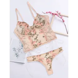 Embroidered Butterfly Print Mesh Lingerie Set