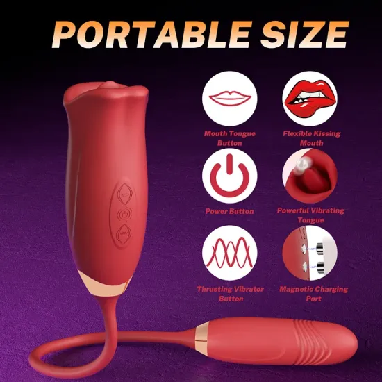 Rose Lipstick Kiss Tongue Vibrator With Thrusting Dildo Vibrator