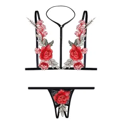 Pearlsvibe Women's Sexy Passion Rose Bra T-shaped Open-end Underwear Three-point Suit Gift