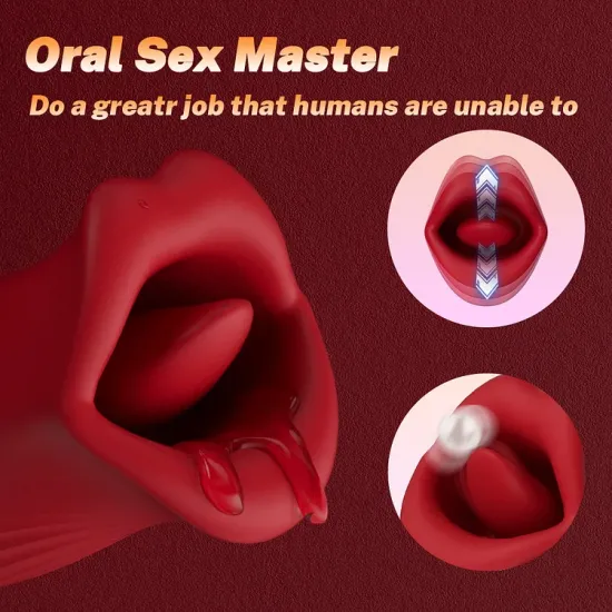 Rose Lipstick Kiss Tongue Vibrator With Thrusting Dildo Vibrator