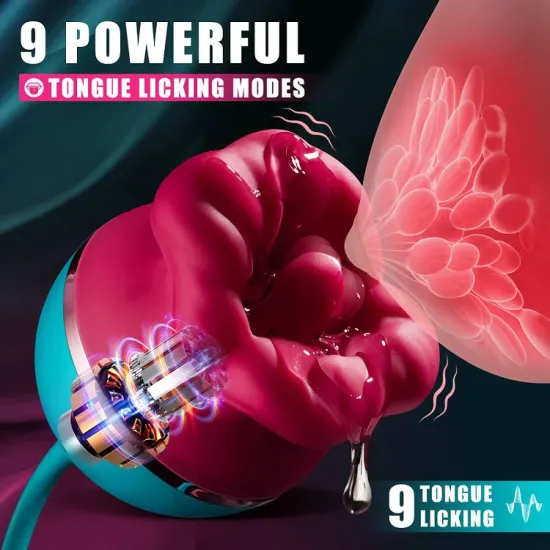 3 in1 Big Mouth Rose -shaped Vibrator With 9 Tongue Licking & 6 Thrusting G Spot Dildo