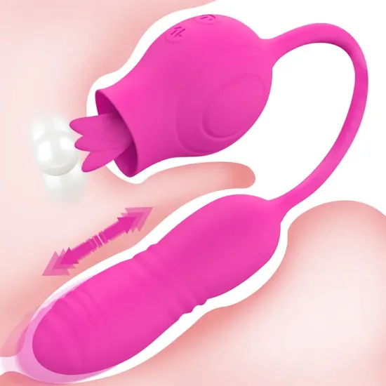 Rose Shape Licking Tongue Vibrator With Nipple Clit Stimulator Thrusting Dildo