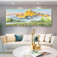 Modern minimalist hand-painted landscape oil painting with sunlight shining on the golden mountains
