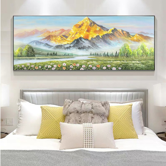 Modern minimalist hand-painted landscape oil painting with sunlight shining on the golden mountains
