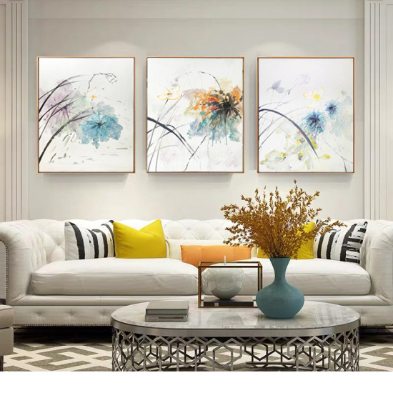 Living Room Sofa Background Wall Triptych: New Chinese-style Foyer Passage Hanging Art, Bedroom Wall Lotus Hand-painted Oil Painting.