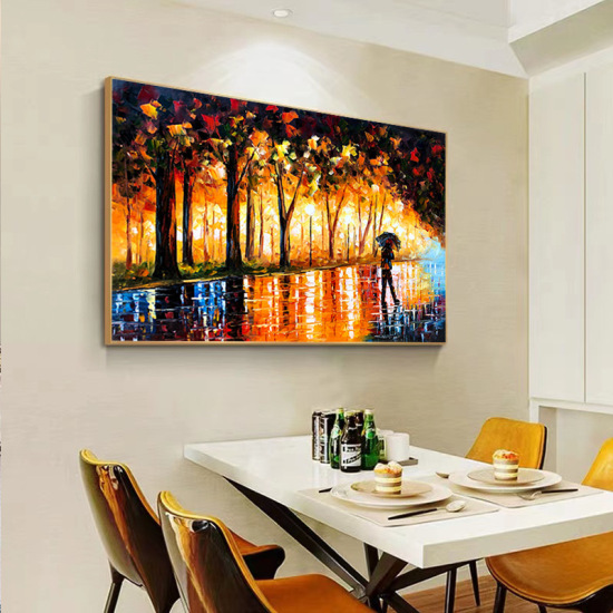 Luxurious hand-painted landscape oil painting for living room sofa background wall décor, featuring street scenes. Perfect for bedroom and dining room wall art, designed in a horizontal format.