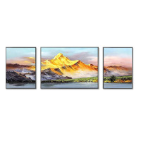 Living Room Sofa Decor: Hand-Painted Scenic Oil Painting "Golden Mountain Sunrise" Triptych Art