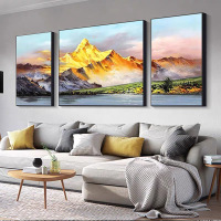 Living Room Sofa Decor: Hand-Painted Scenic Oil Painting "Golden Mountain Sunrise" Triptych Art